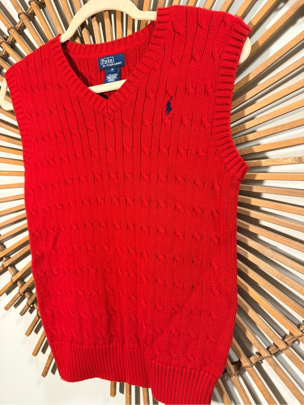 Polo by Ralph Lauren Women's Red Cable Knit V-Neck Sweater Vest Preppy Nautical - Picture 4 of 8